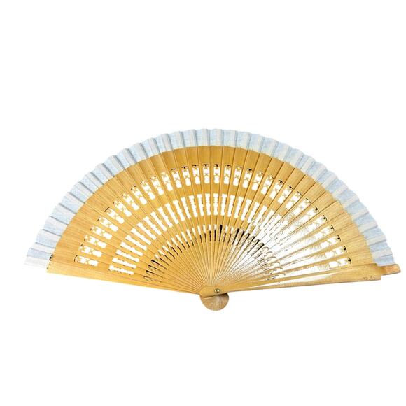 Wooden Light Tan- vintage hand fan white fabric detail- 16 inches extended - Picture 1 of 5